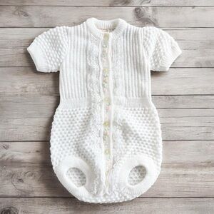 Vintage Italian Baby Girl Floral Embroidered Knit Romper Ivory Lace Outfit 3-6M